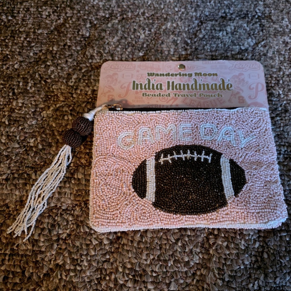 Wandering Moon Pink Beaded Game Day Football Travel Pouch Handmade Clutch Bag